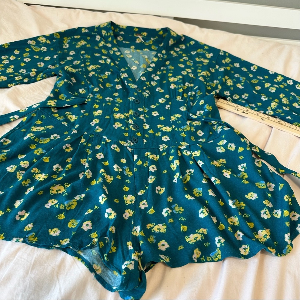 Free People Floral Long Sleeve Romper Teal Tie Waist Boho Size 6 - Picture 5 of 11